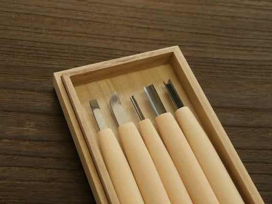 Set de ciseaux à sculpter japonais 5 pièces – Débutant & initiation – Acier Aogami #2 – Coffret bois