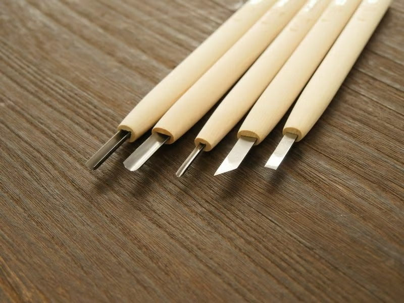 Juego de gubias japonesas de 5 piezas – Principiantes e iniciación – Acero Aogami #2 – Estuche de madera
