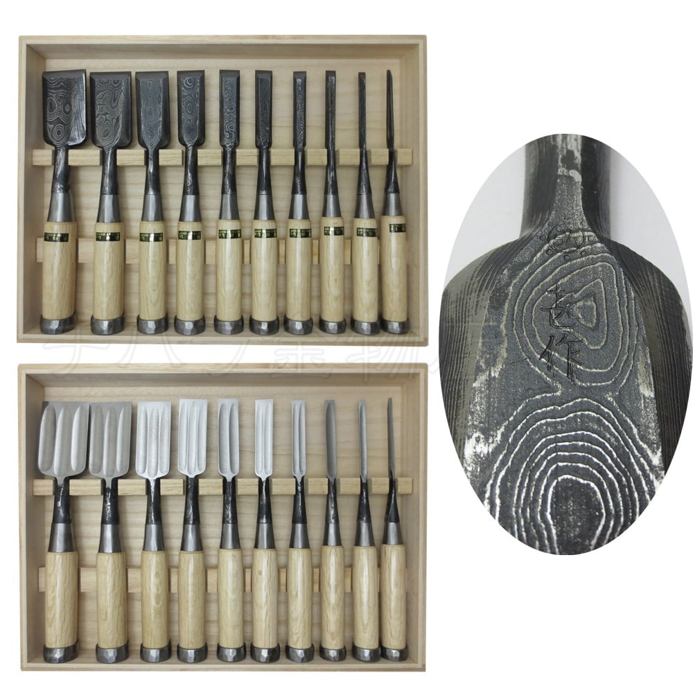 Set de Ciseaux à Bois Japonais Suminasashi Jensaku – Oire Nomi 10 Pièces Manche Chêne Blanc