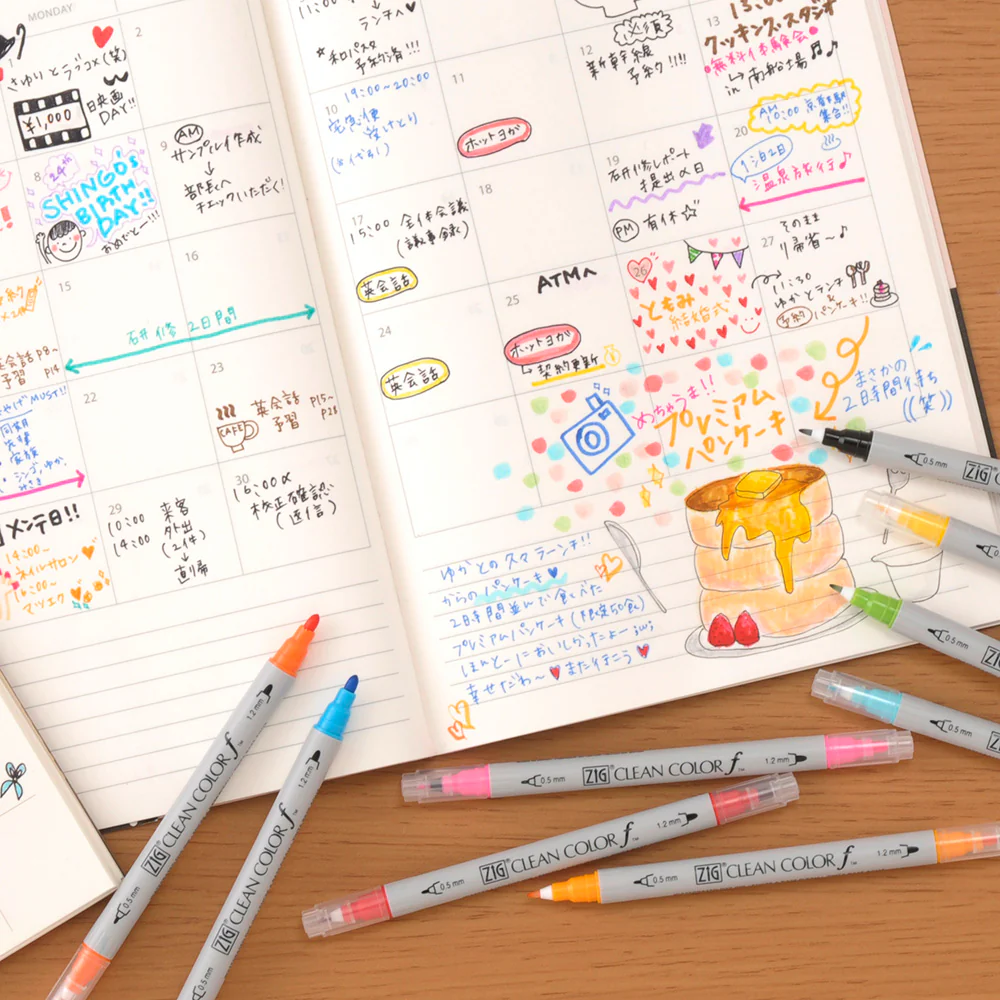 ZIG Clean Color f – Set de 36 feutres double pointe à base d’eau pour planning, bullet journal & illustration