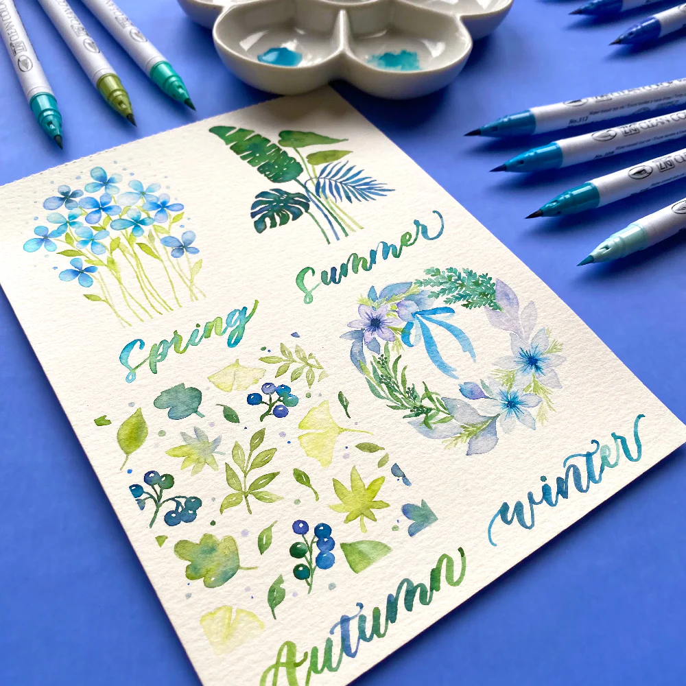 ZIG Clean Color Real Brush – Set of 30 blue & green watercolor brush pens – Illustration, drawing & lettering