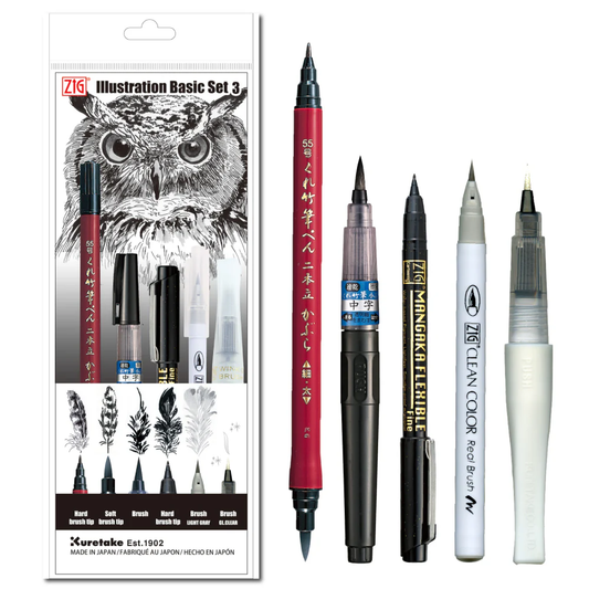 ZIG Illustration Basic Set 3 – Coffret de stylos-pinceaux japonais pour illustration & manga – 5 stylos