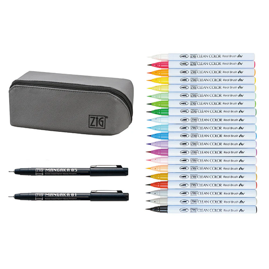 ZIG Real Brush & MANGAKA – Kit d’illustration avec pinceaux couleur et stylos manga + trousse (format S)