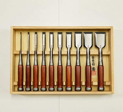 Tasai – Coffret de 10 ciseaux à bois japonais Oire Nomi polis, manches en palissandre
