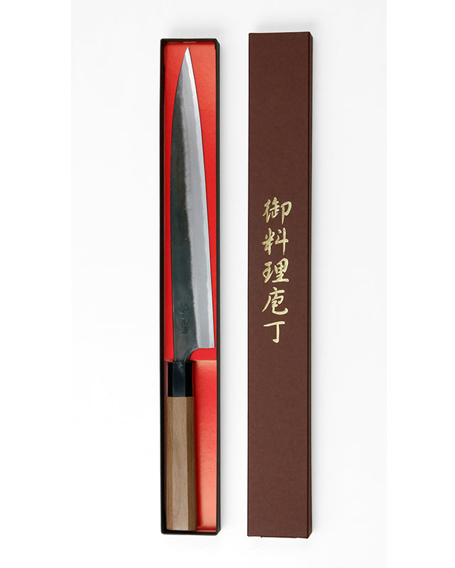 Couteau japonais Yanagiba Motokane – Aogami n°1 forgé, finition Kurouchi, 210 à 270 mm
