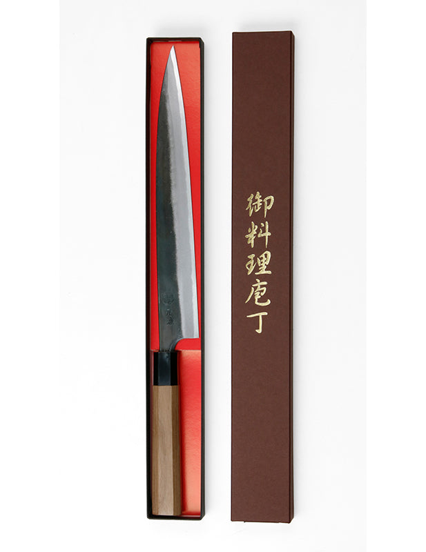 Couteau japonais Yanagiba Motokane – Aogami n°1 forgé, finition Kurouchi, 210 à 270 mm
