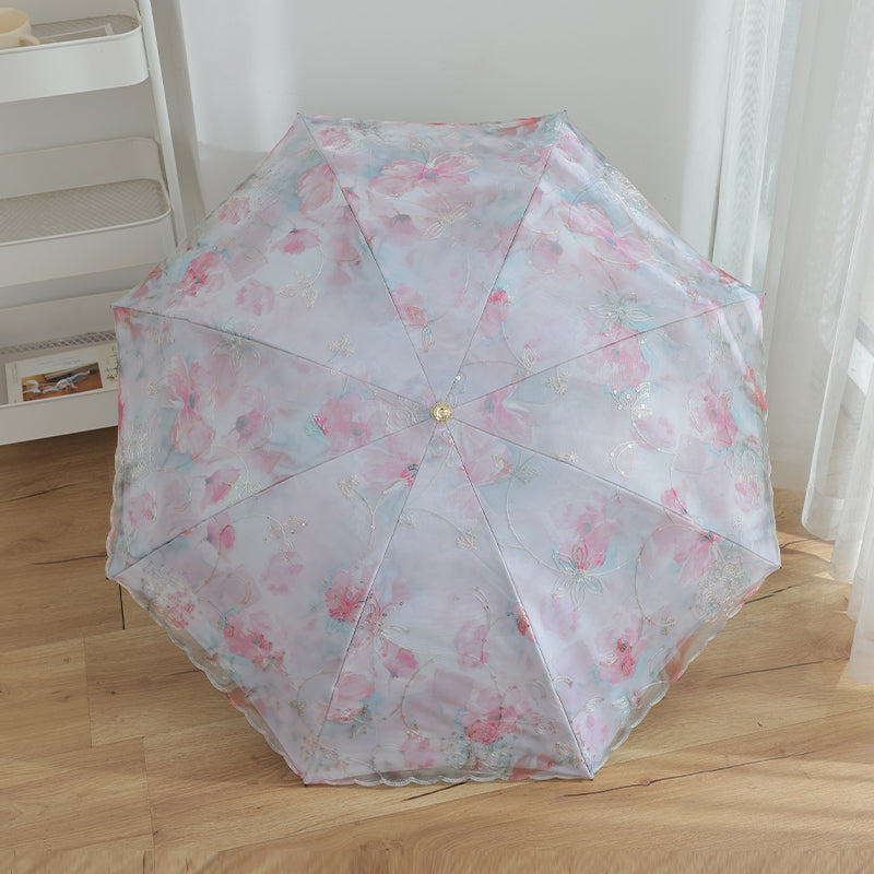 Parapluie Pliable Anti-UV Double Couche Dentelle Kumokasa - ブラックコーティング・約360g・ピンク色