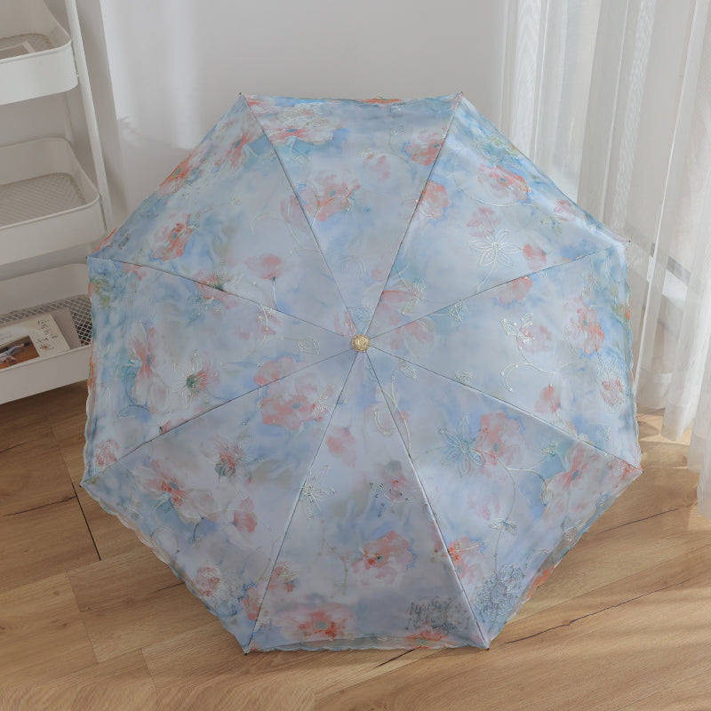 Parapluie Pliable Anti-UV Double Couche Dentelle Kumokasa - ブラックコーティング・約360g・ブルー