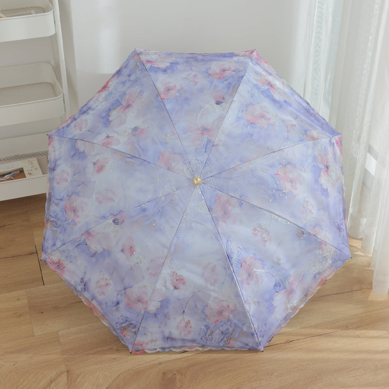 Parapluie Pliable Anti-UV Double Couche Dentelle Kumokasa - ブラックコーティング・約360g・むらさきいろ