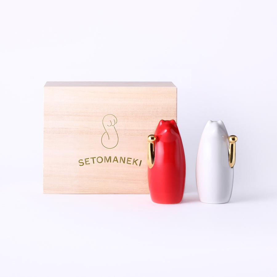 SETOMANEKI Maneki Neko Petit Rouge et Blanc Gold Hand avec Coffret en Kiri