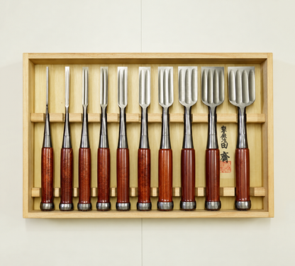 Tasai – Coffret de 10 ciseaux à bois japonais Oire Nomi polis, manches en palissandre