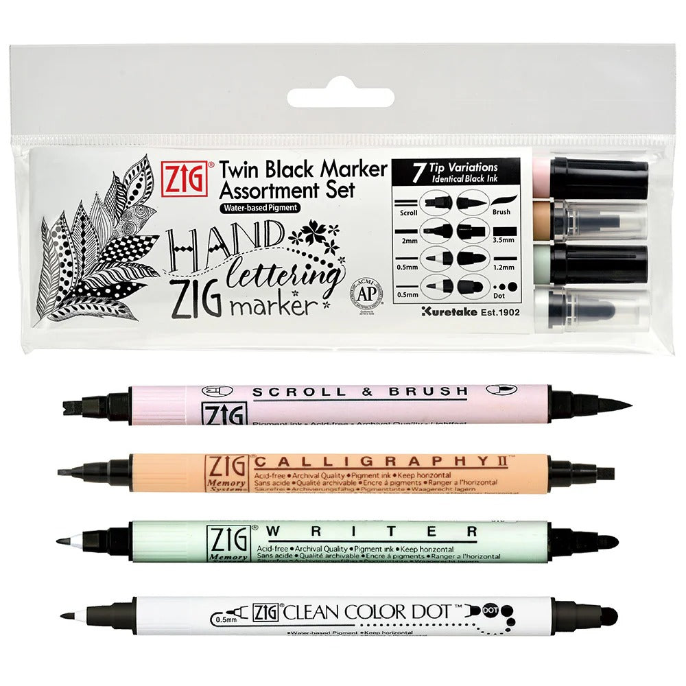 Set 4 Marqueurs Noirs Double Pointe ZIG – Calligraphie, Lettering et Illustration