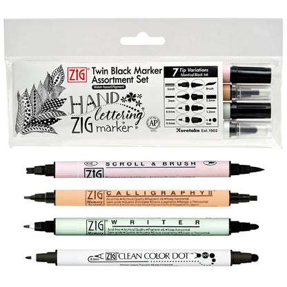 Set 4 Marqueurs Noirs Double Pointe ZIG – Calligraphie, Lettering et Illustration