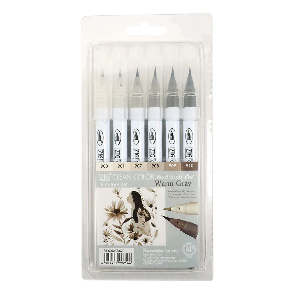 Juego de 6 rotuladores de pincel ZIG Clean Color Real Brush Warm Gray (gris cálido)