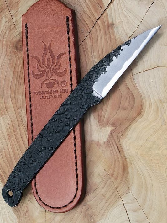 Couteau japonais artisanal double tranchant – Série Kazé – Acier Shirogami #2 – Étui cuir inclus