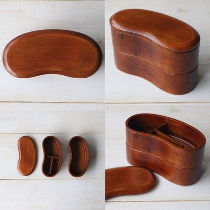 Boîte Bento Japonaise en Bois à Deux Étages Forme Haricot – Finition Brun Laqué