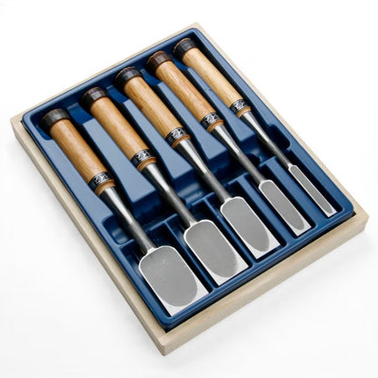 Ciseaux à bois japonais HSS – Set 5 pièces (9 / 15 / 24 / 30 / 36 mm) – Coffret bois – Made in Japan