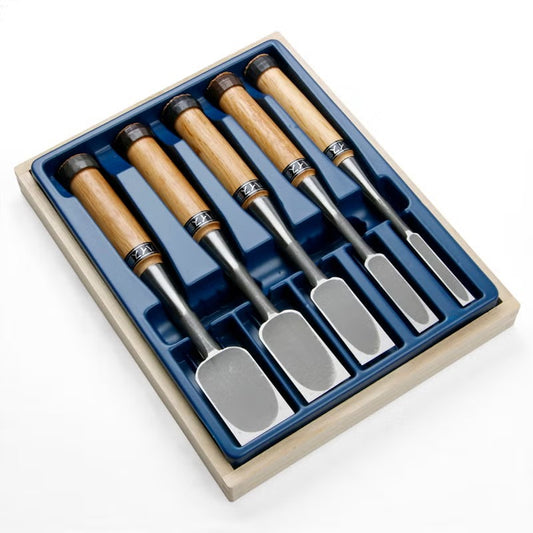 Japanese HSS Wood Chisels – 5-Piece Set (9 / 15 / 24 / 30 / 36 mm) – Wooden Box – Made in Japan