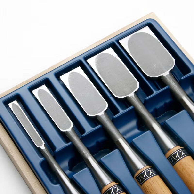 Ciseaux à bois japonais HSS – Set 5 pièces (9 / 15 / 24 / 30 / 36 mm) – Coffret bois – Made in Japan