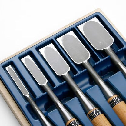 Ciseaux à bois japonais HSS – Set 5 pièces (9 / 15 / 24 / 30 / 36 mm) – Coffret bois – Made in Japan