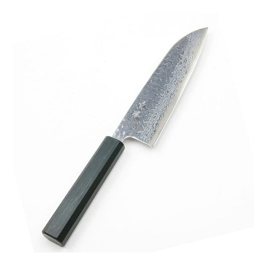 Couteau japonais Santoku Shigekatsu 165 mm – Ginsan Damas 33 couches, manche indigo