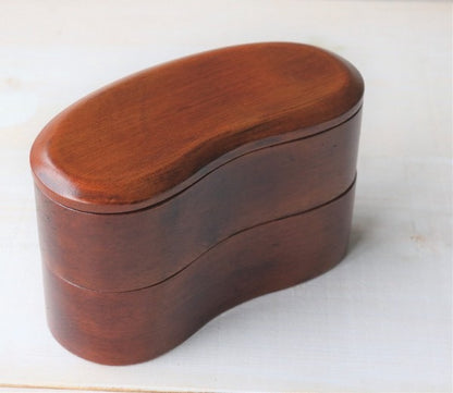 Boîte Bento Japonaise en Bois à Deux Étages Forme Haricot – Finition Brun Laqué
