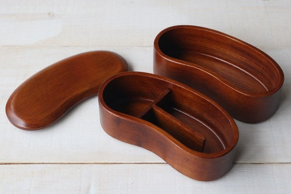 Boîte Bento Japonaise en Bois à Deux Étages Forme Haricot – Finition Brun Laqué