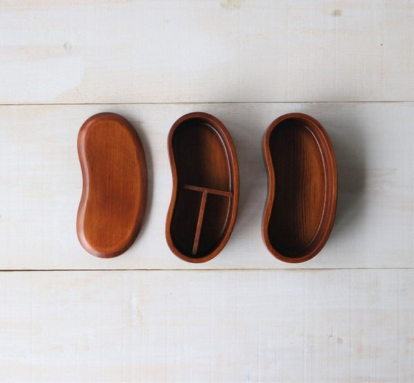 Boîte Bento Japonaise en Bois à Deux Étages Forme Haricot – Finition Brun Laqué