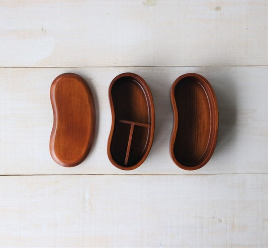 Japanese Two-Tier Wooden Bento Box - Bean Shape - Brown Lacquer Finish