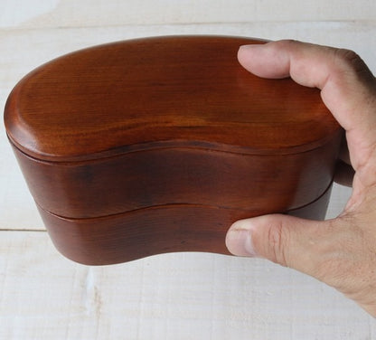 Boîte Bento Japonaise en Bois à Deux Étages Forme Haricot – Finition Brun Laqué