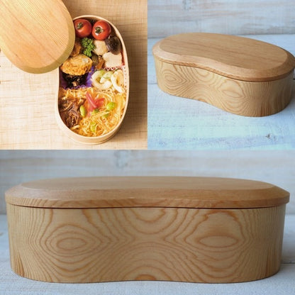 Boîte Bento Japonaise en Bois Forme Fève – 450 ml, Naturel ou Brun