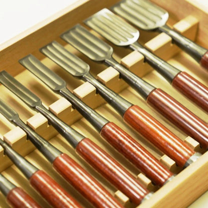 Tasai – Coffret de 10 ciseaux à bois japonais Oire Nomi polis, manches en palissandre