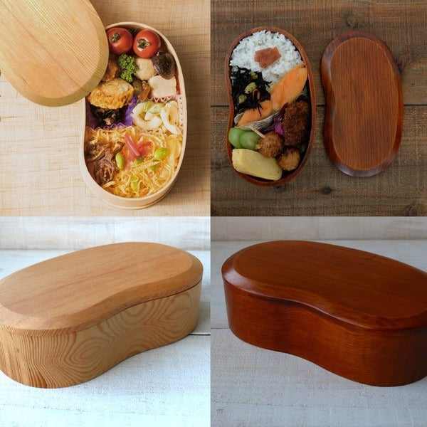 Boîte Bento Japonaise en Bois Forme Fève – 450 ml, Naturel ou Brun