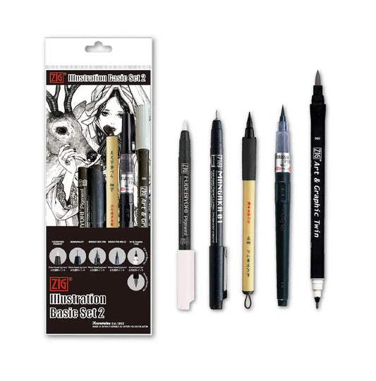ZIG Illustration Basic Set 2 – Japanese pen & brush pen kit for illustration and manga (5 pieces)