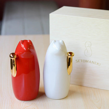 SETOMANEKI Maneki Neko Rouge et Blanc Gold Hand avec Coffret en Kiri