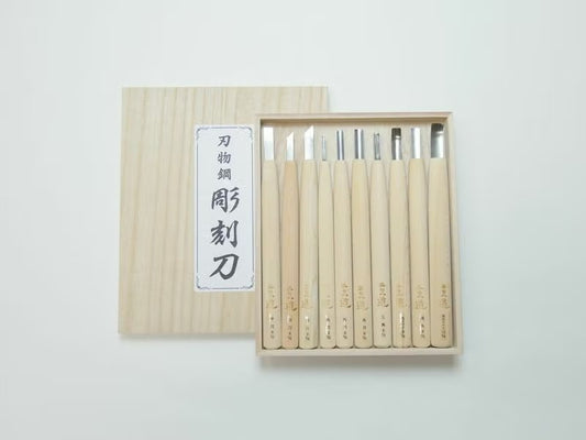 Set de ciseaux à sculpter japonais 10 pièces – Kit complet sculpture bois – Acier Aogami #2 – Coffret bois