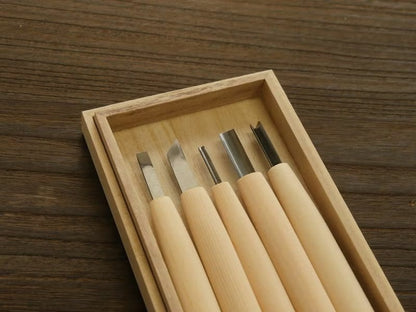 Set de ciseaux à sculpter japonais 5 pièces – Débutant & initiation – Acier Aogami #2 – Coffret bois