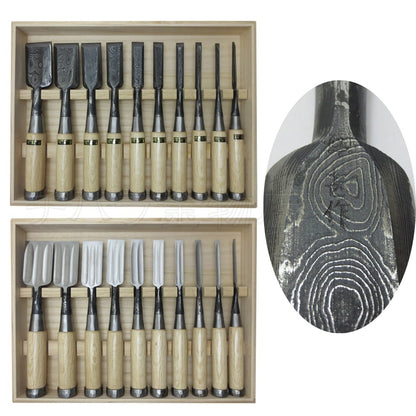 Set de Ciseaux à Bois Japonais Suminasashi Jensaku – Oire Nomi 10 Pièces Manche Chêne Blanc