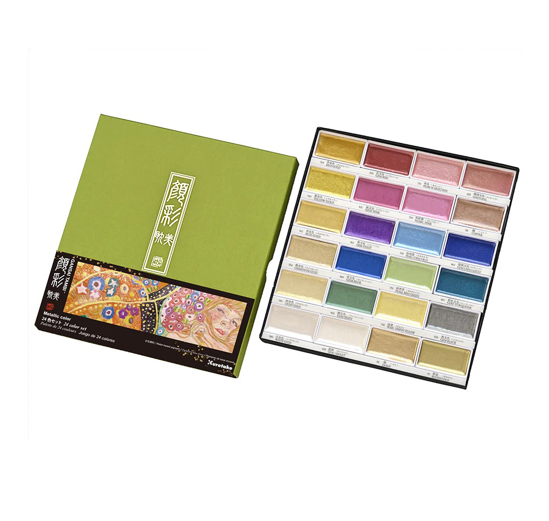 Aquarelle Japonaise Métallique Kuretake Gansai Tambi 24 Couleurs – Effets Or, Perlé et Brillant