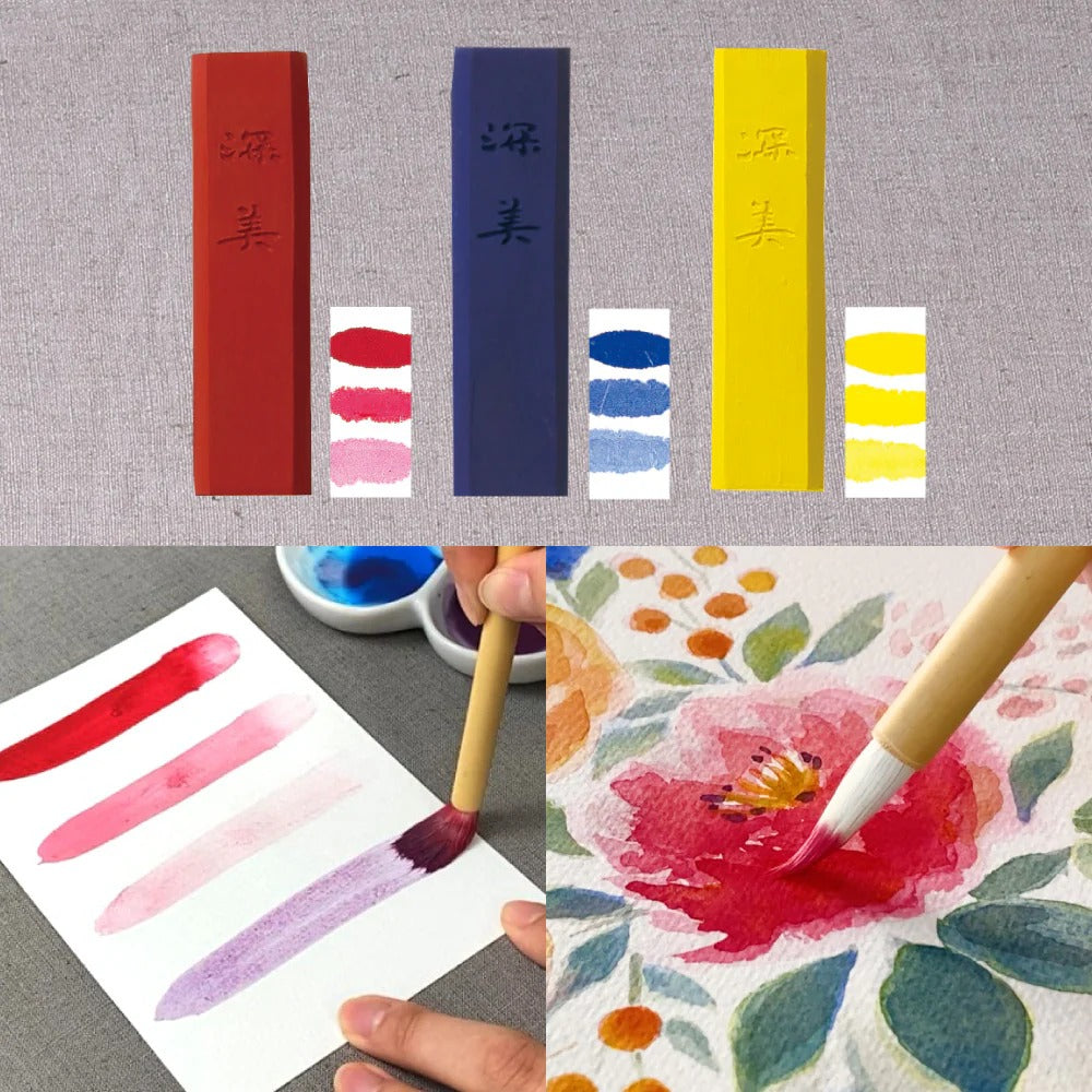 Set Encre Solide Japonaise Kuretake Saiboku Shimbi 3 Couleurs + Pierre à Encre en Verre – Coffret Artistique