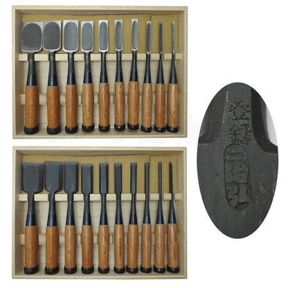 Set de Ciseaux à Bois Japonais Nijihiro – Oire Nomi Chanfrein 10 Pièces Manche Chêne Rouge