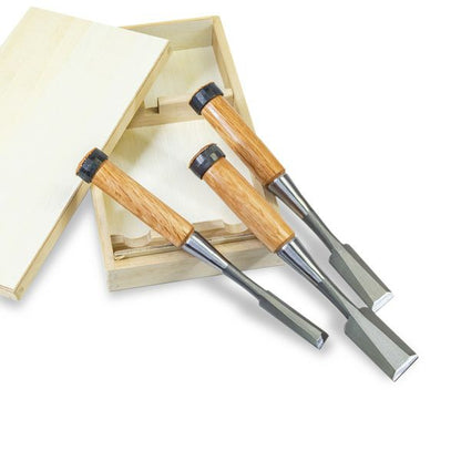 Ciseaux à bois japonais HSS – Jeu 3 pièces 15/24/30 mm – Coffret bois – Fabrication japonaise