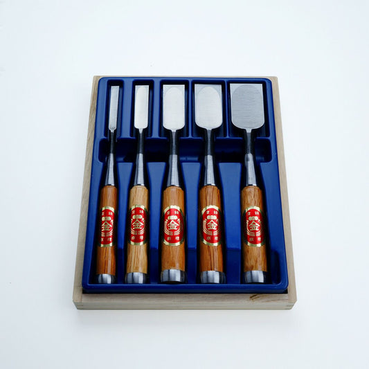 Ciseaux à bois japonais professionnels 5 pièces – Acier Shirogami 2 – Manche Red Oak – Coffret bois