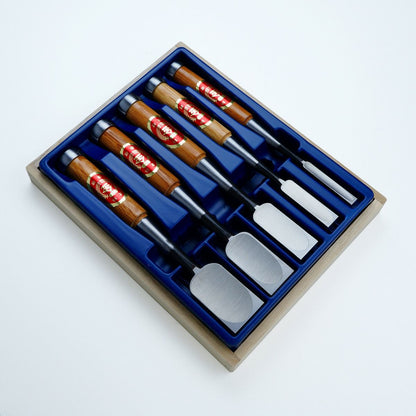 Ciseaux à bois japonais professionnels 5 pièces – Acier Shirogami 2 – Manche Red Oak – Coffret bois