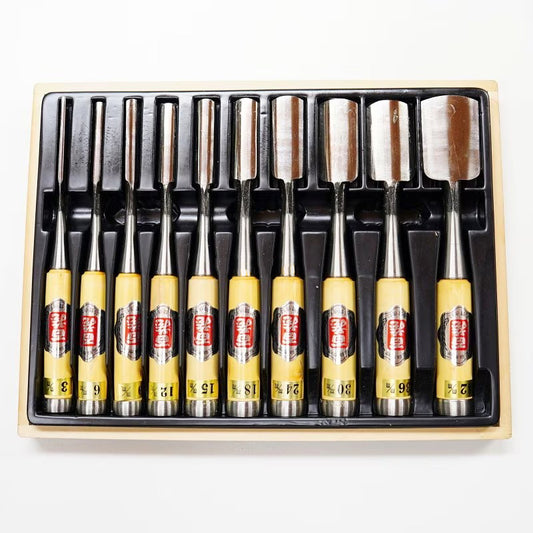 Coffret 10 Ciseaux à Bois Japonais Hyakuzo Uramaru – Oire Nomi Traditionnels en Acier Japonais