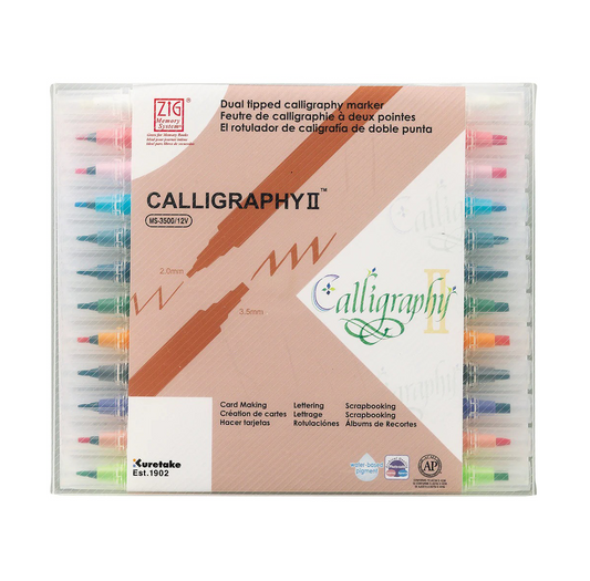 Feutres Calligraphie Kuretake ZIG Memory System II 12 Couleurs – Double Pointe 2.0 & 3.5 mm