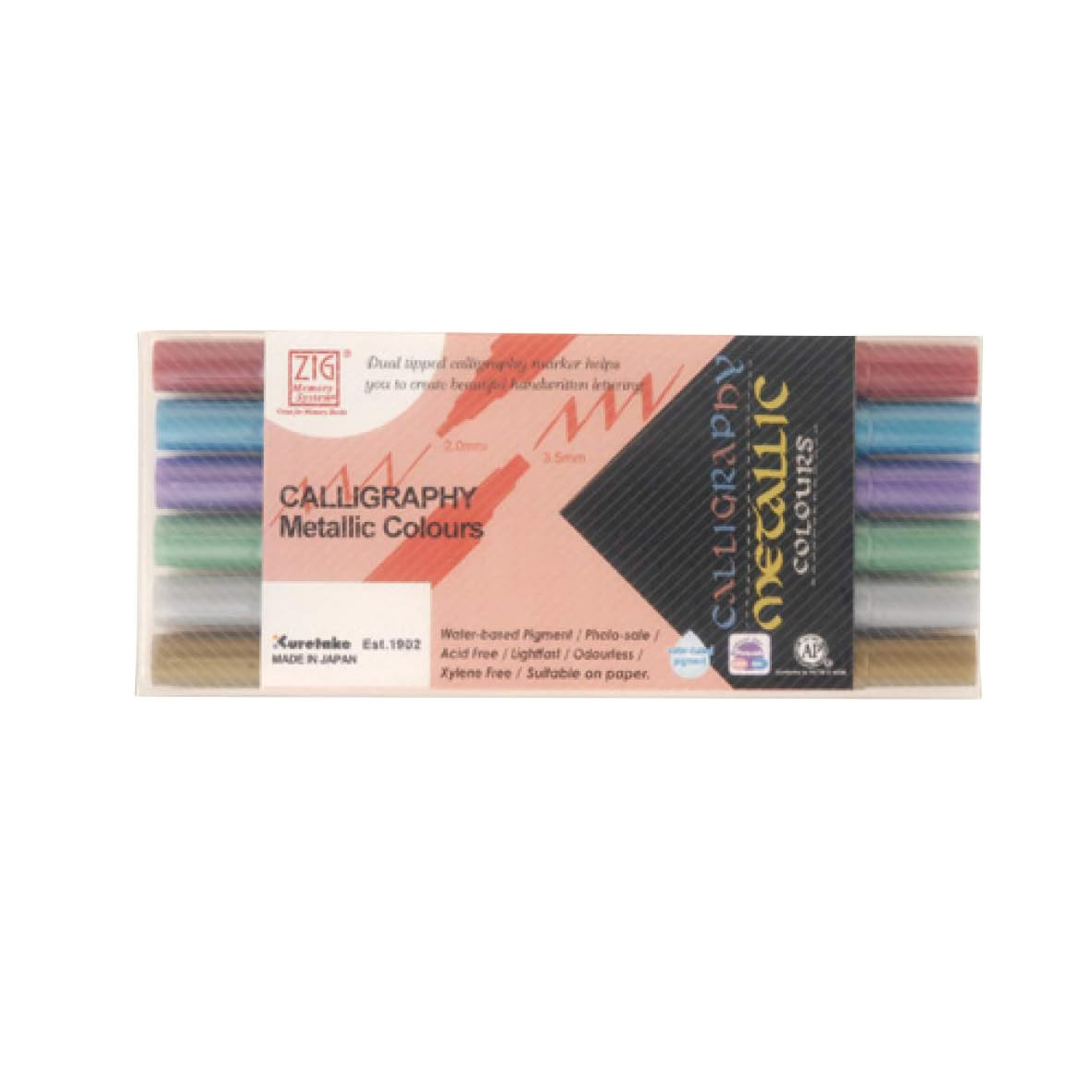 Feutres Calligraphie Métalliques Kuretake ZIG Memory System 6 Couleurs – Double Pointe 2.0 & 3.5 mm