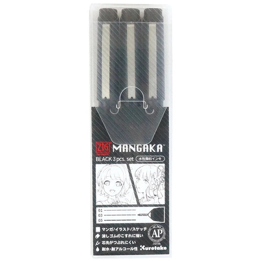 Set de stylos techniques noirs pour manga & illustration – ZIG Cartoonist Mangaka (3 tailles)