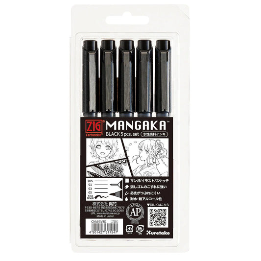 Stylos techniques noirs pour manga & illustration – ZIG Cartoonist Mangaka (set de 5)