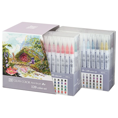ZIG Clean Color Real Brush – Set de 120 feutres pinceaux aquarellables pour illustration, manga & aquarelle